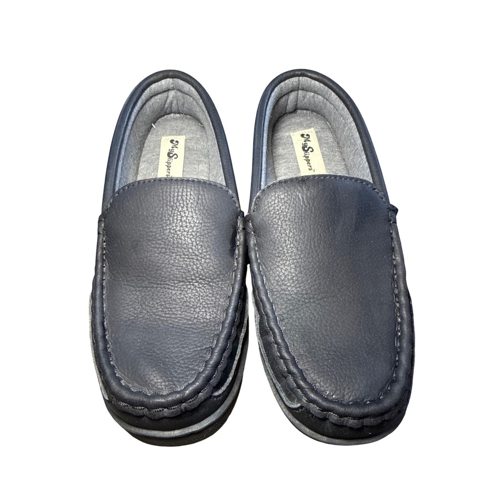 NEW MySlippers Womens 8 Navy Leather Moccasin Loafer House Shoes Cozy‎ Preppy